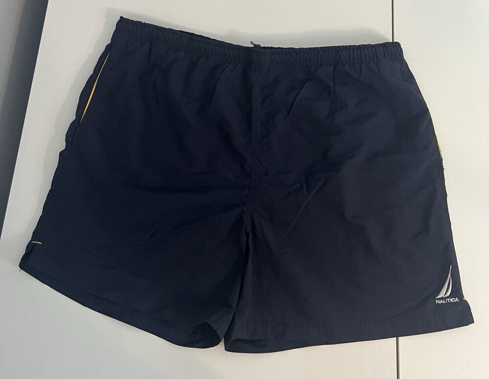 NAUTICA MEN'S SIZE XL SWIM TRUNKS SUIT NAVY BRIEF MESH LINER 5.5" INSEAM